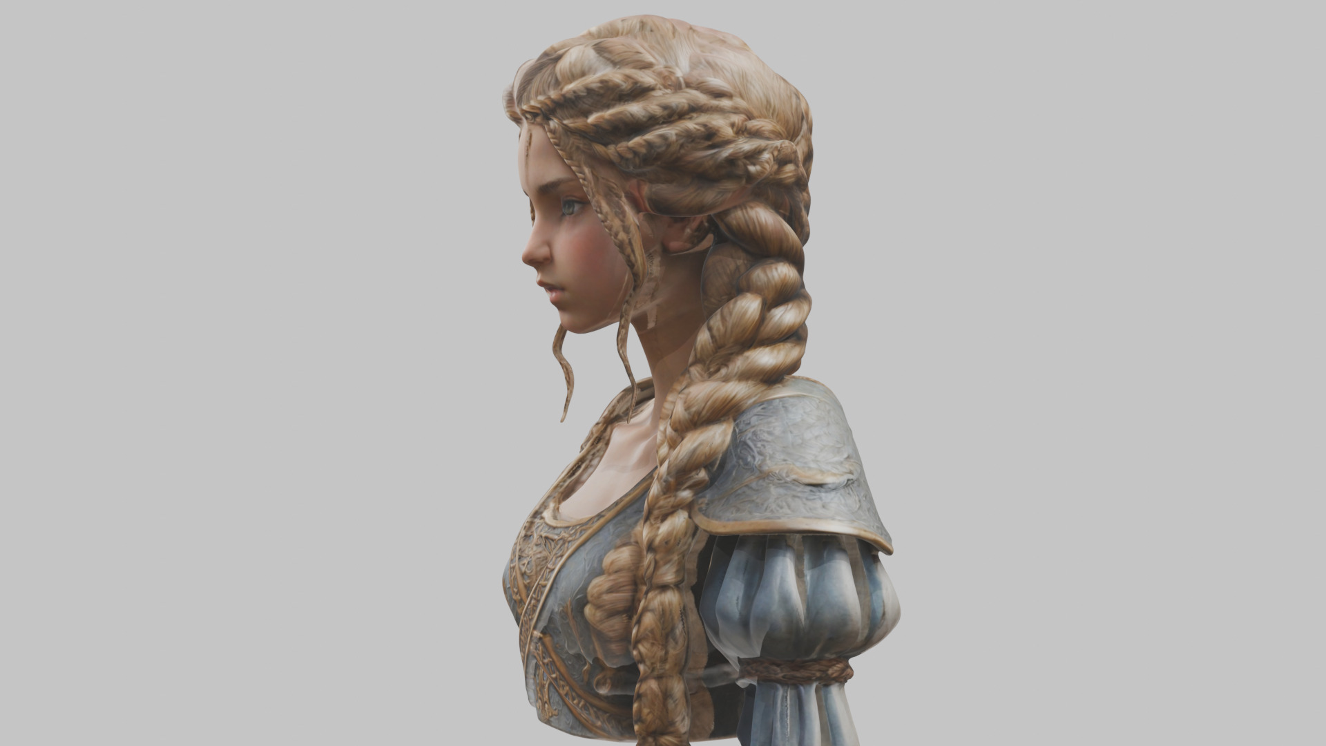 Intricate Medieval Dressed Detailed Blonde Girl Bust Low-poly 3D model_26
