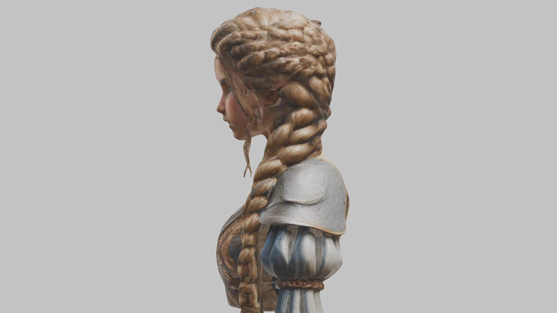 Intricate Medieval Dressed Detailed Blonde Girl Bust Low-poly 3D model_12