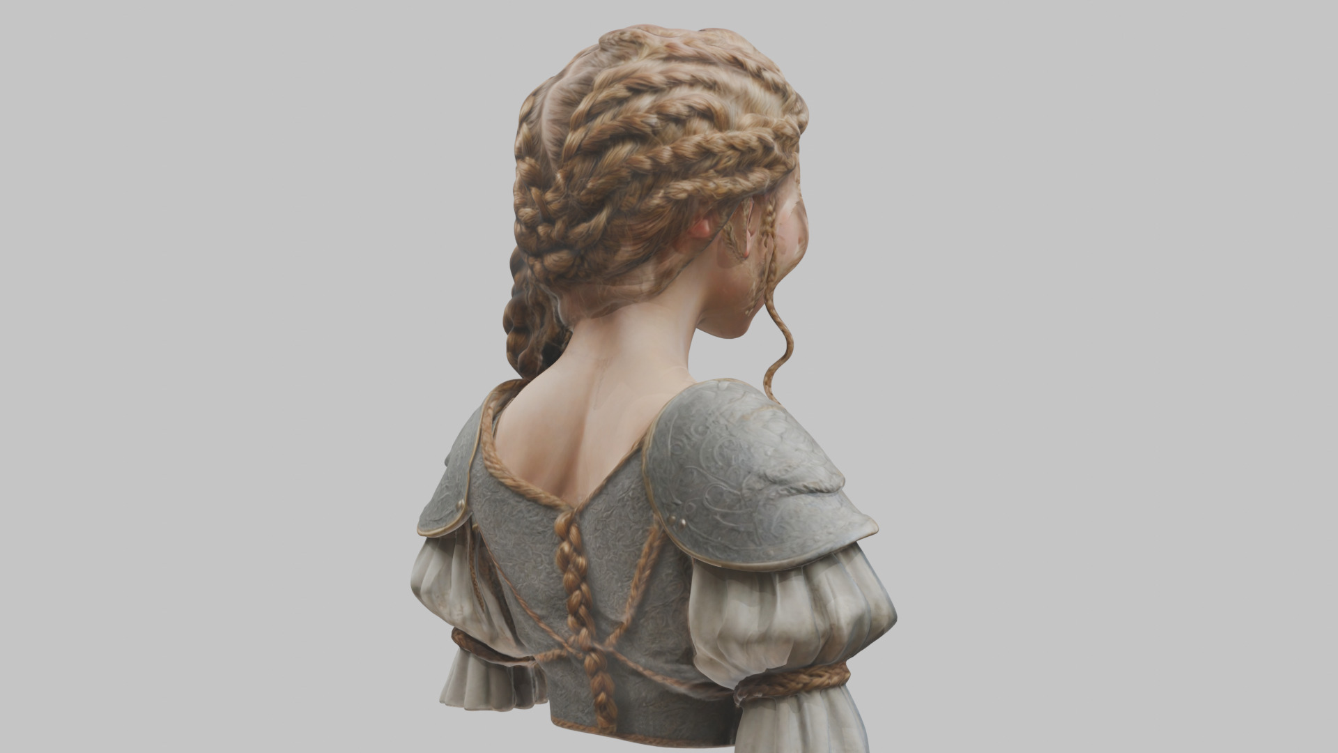 Intricate Medieval Dressed Detailed Blonde Girl Bust Low-poly 3D model_19
