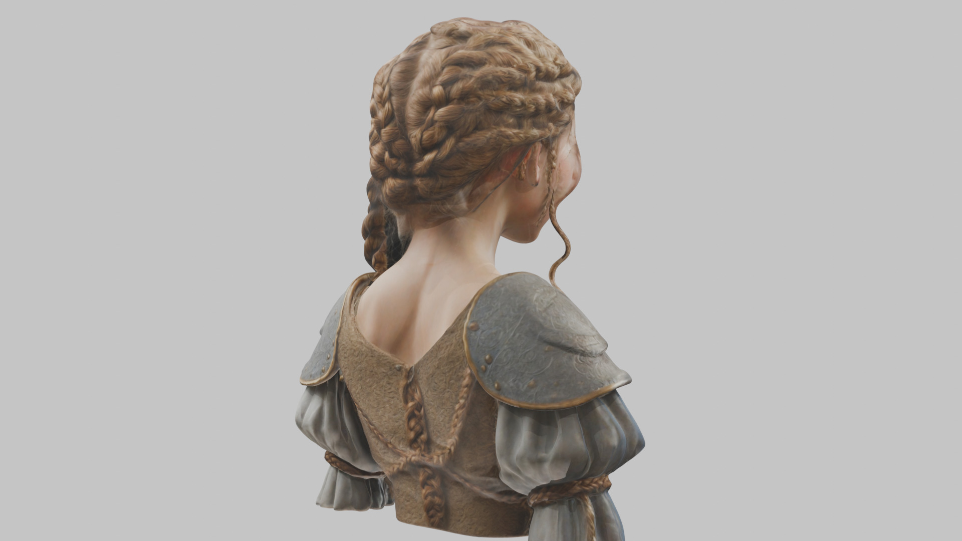 Intricate Medieval Dressed Detailed Blonde Girl Bust Low-poly 3D model_6