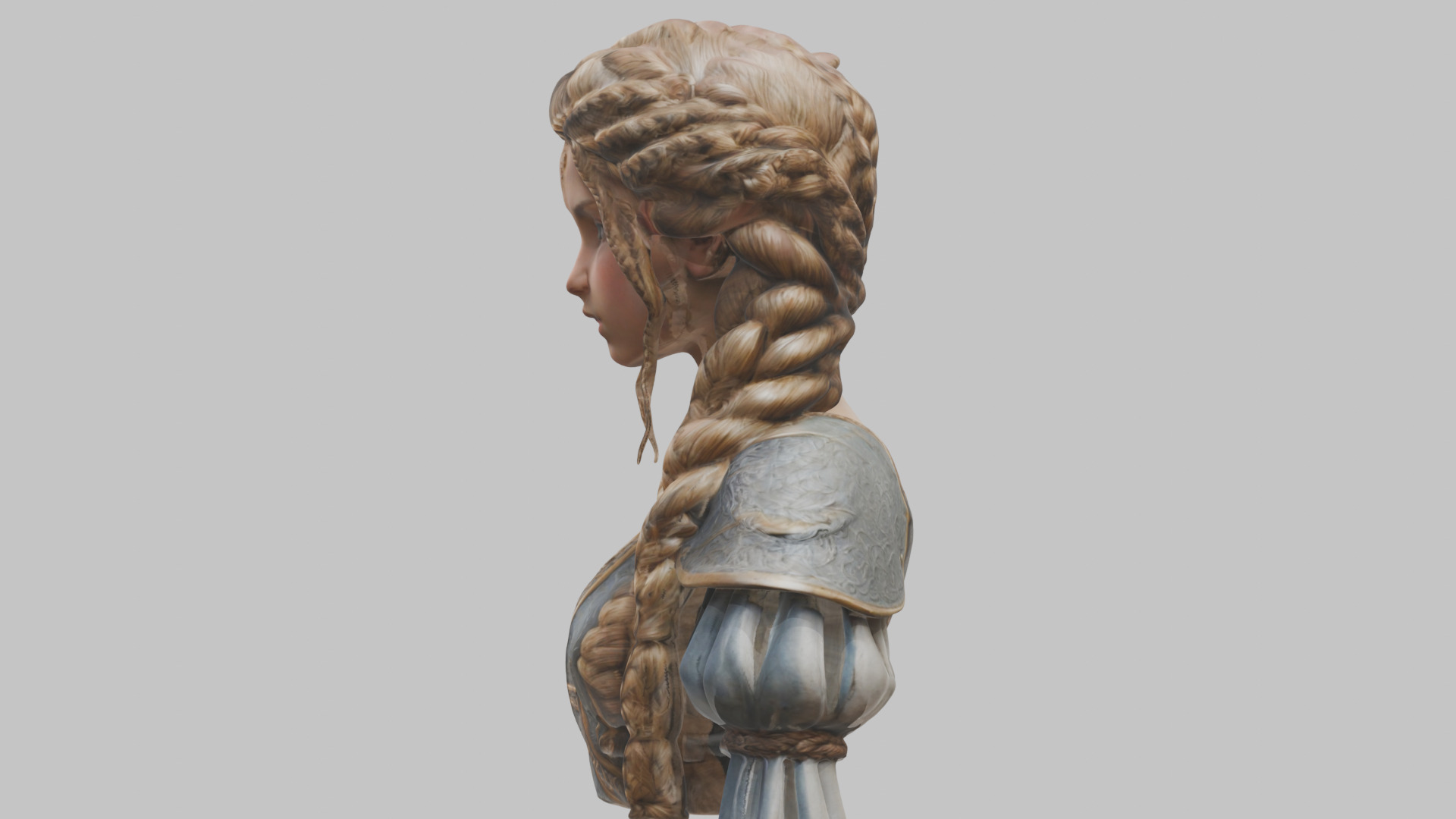 Intricate Medieval Dressed Detailed Blonde Girl Bust Low-poly 3D model_24
