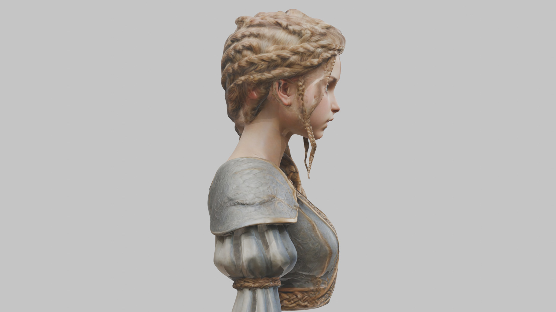 Intricate Medieval Dressed Detailed Blonde Girl Bust Low-poly 3D model_18