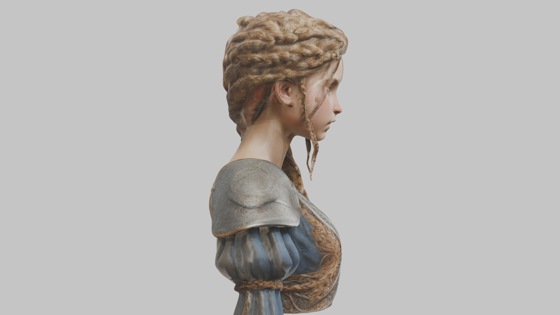 Intricate Medieval Dressed Detailed Blonde Girl Bust Low-poly 3D model_4