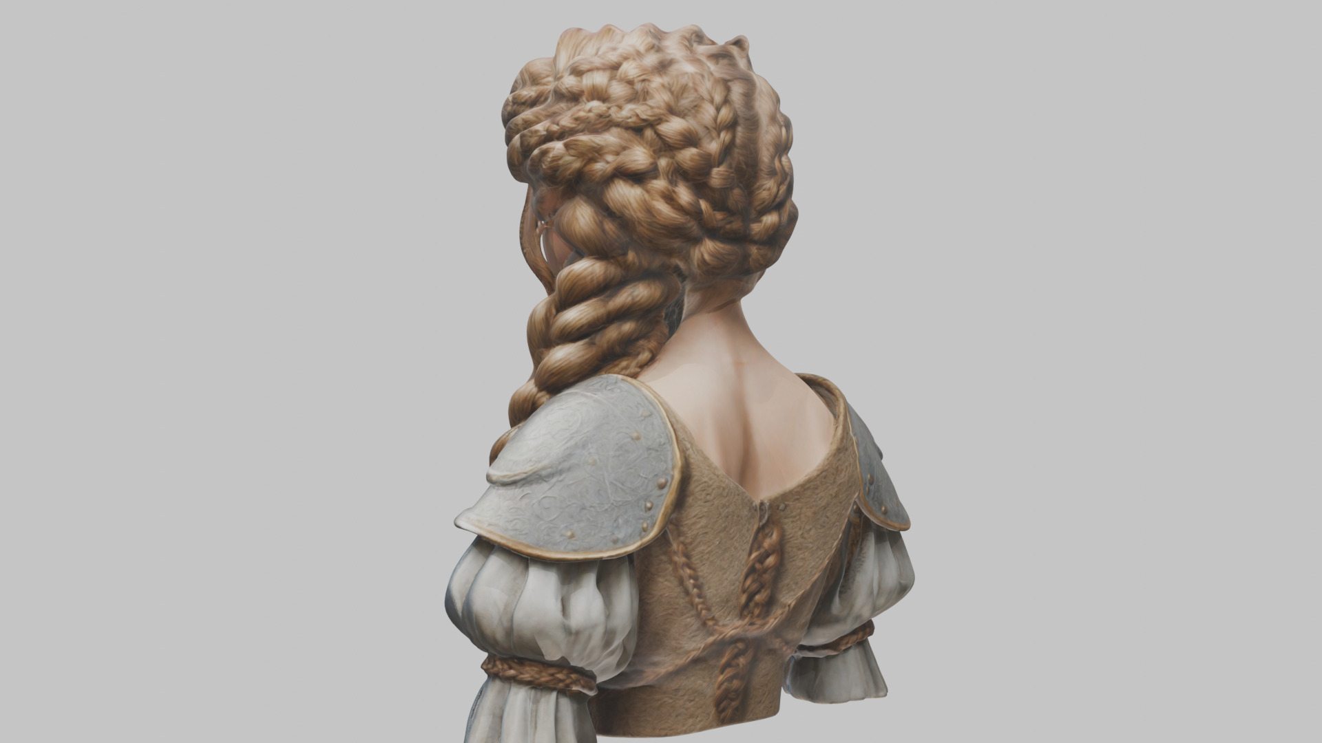 Intricate Medieval Dressed Detailed Blonde Girl Bust Low-poly 3D model_10