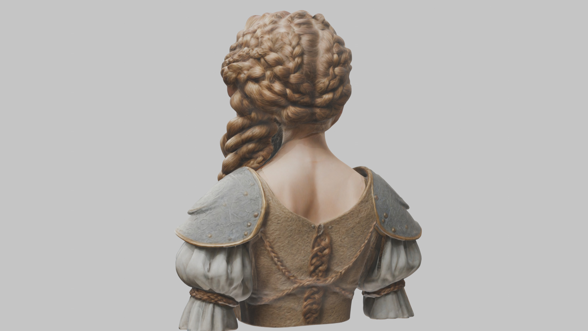 Intricate Medieval Dressed Detailed Blonde Girl Bust Low-poly 3D model_9