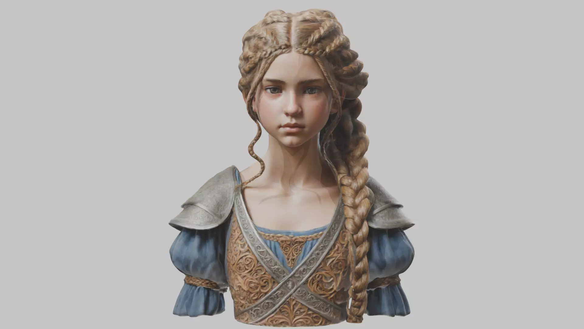 Intricate Medieval Dressed Detailed Blonde Girl Bust Low-poly 3D model_0