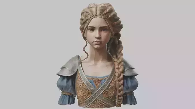  Intricate Medieval Dressed Detailed Blonde Girl Bust Low-poly 3D model