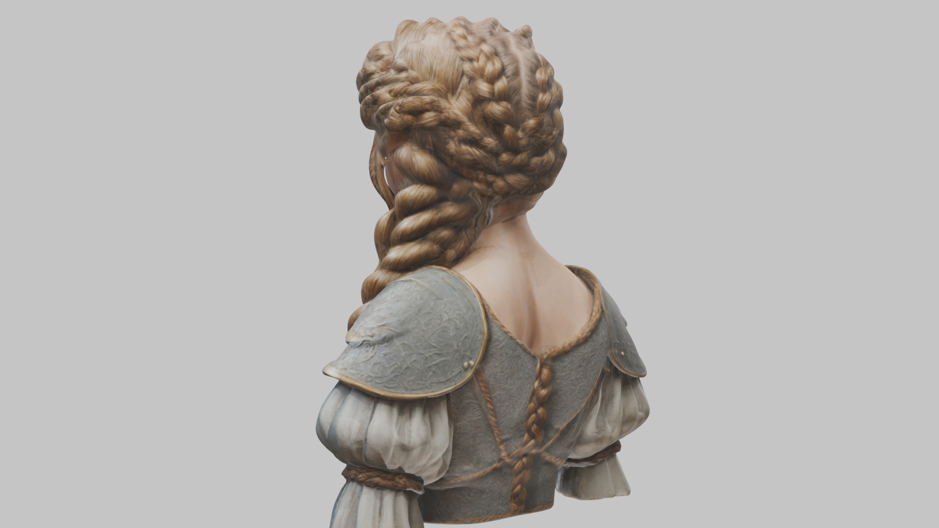 Intricate Medieval Dressed Detailed Blonde Girl Bust Low-poly 3D model_25