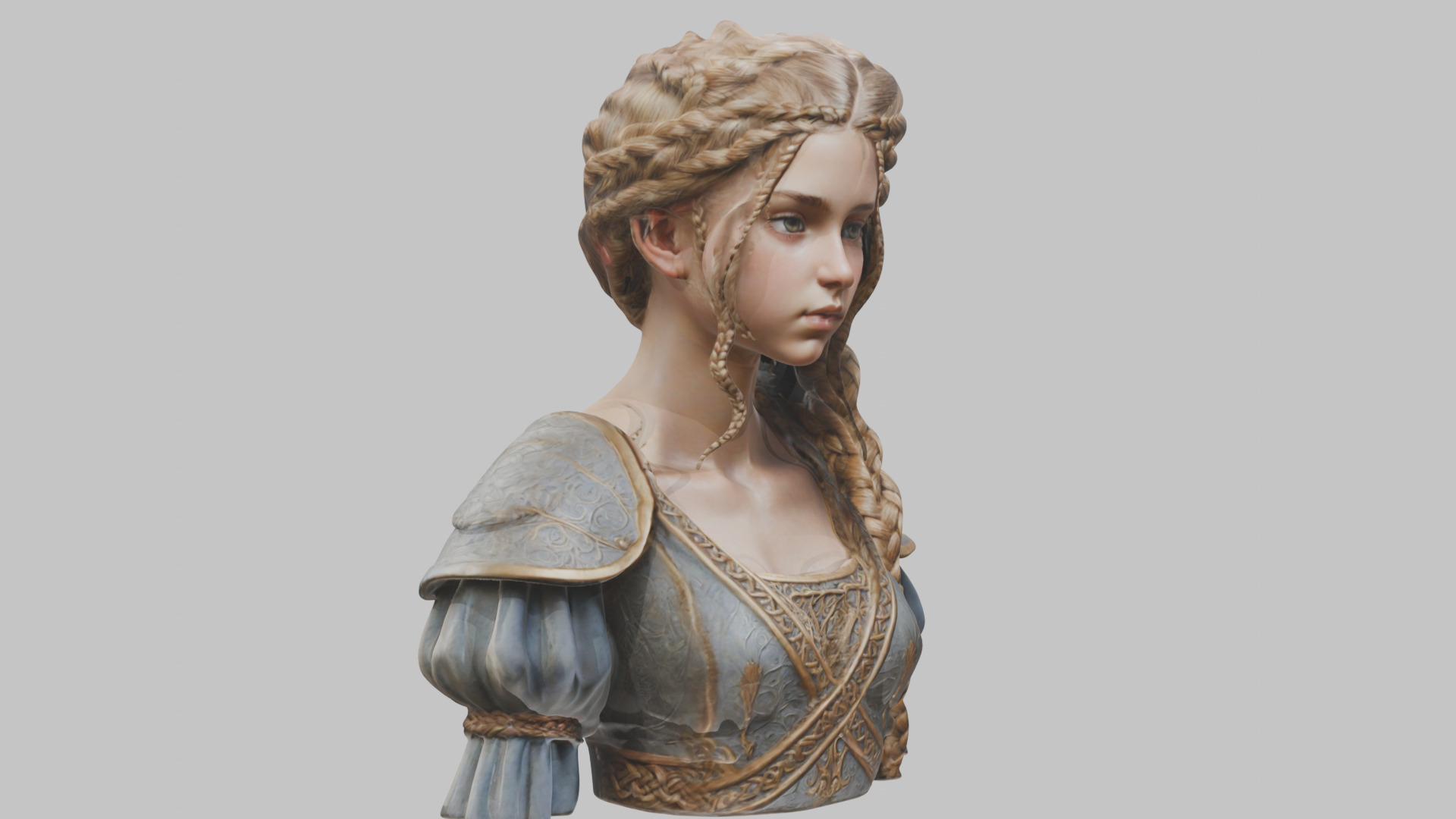 Intricate Medieval Dressed Detailed Blonde Girl Bust Low-poly 3D model_57