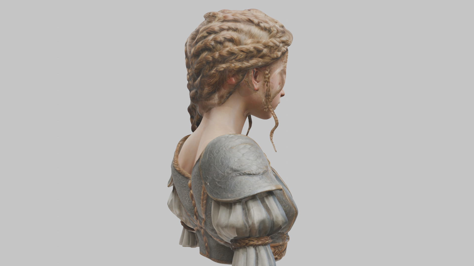 Intricate Medieval Dressed Detailed Blonde Girl Bust Low-poly 3D model_77