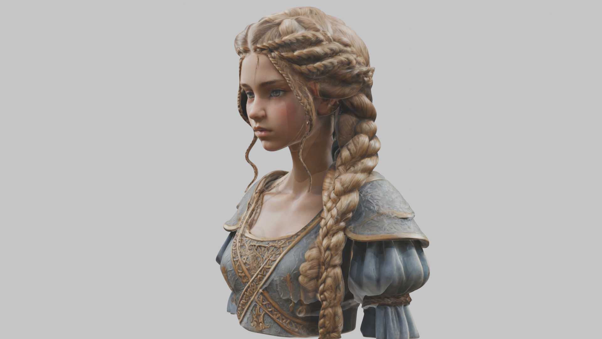 Intricate Medieval Dressed Detailed Blonde Girl Bust Low-poly 3D model_46