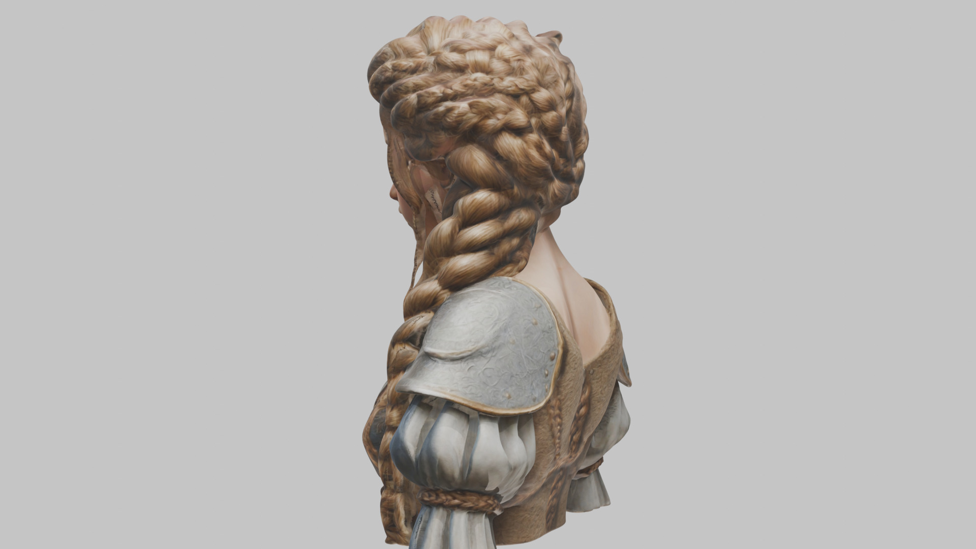 Intricate Medieval Dressed Detailed Blonde Girl Bust Low-poly 3D model_11
