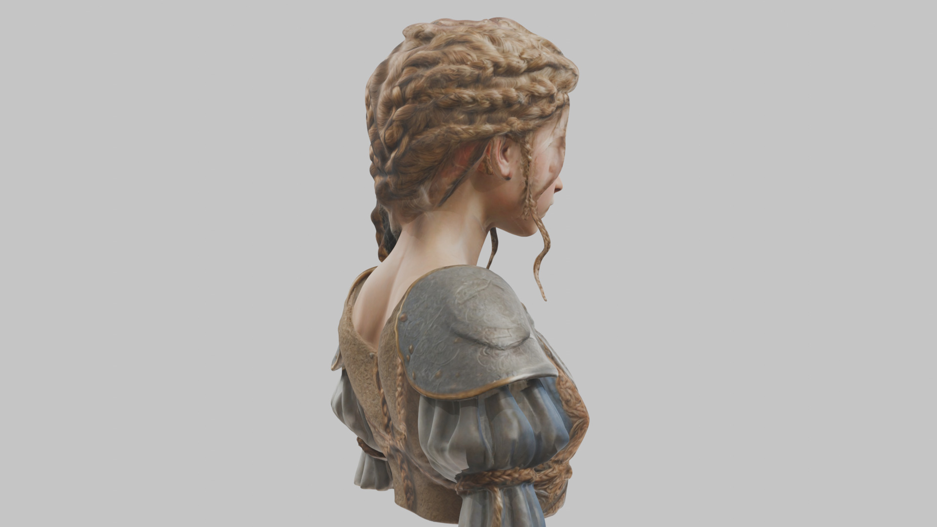 Intricate Medieval Dressed Detailed Blonde Girl Bust Low-poly 3D model_5