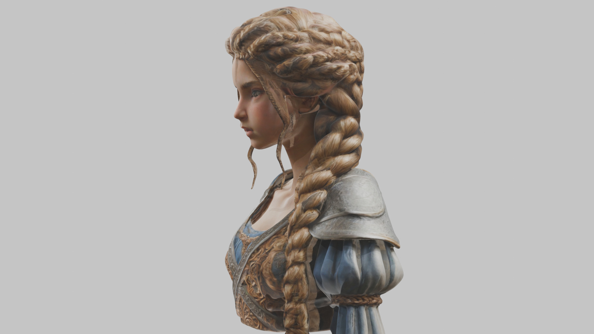 Intricate Medieval Dressed Detailed Blonde Girl Bust Low-poly 3D model_13
