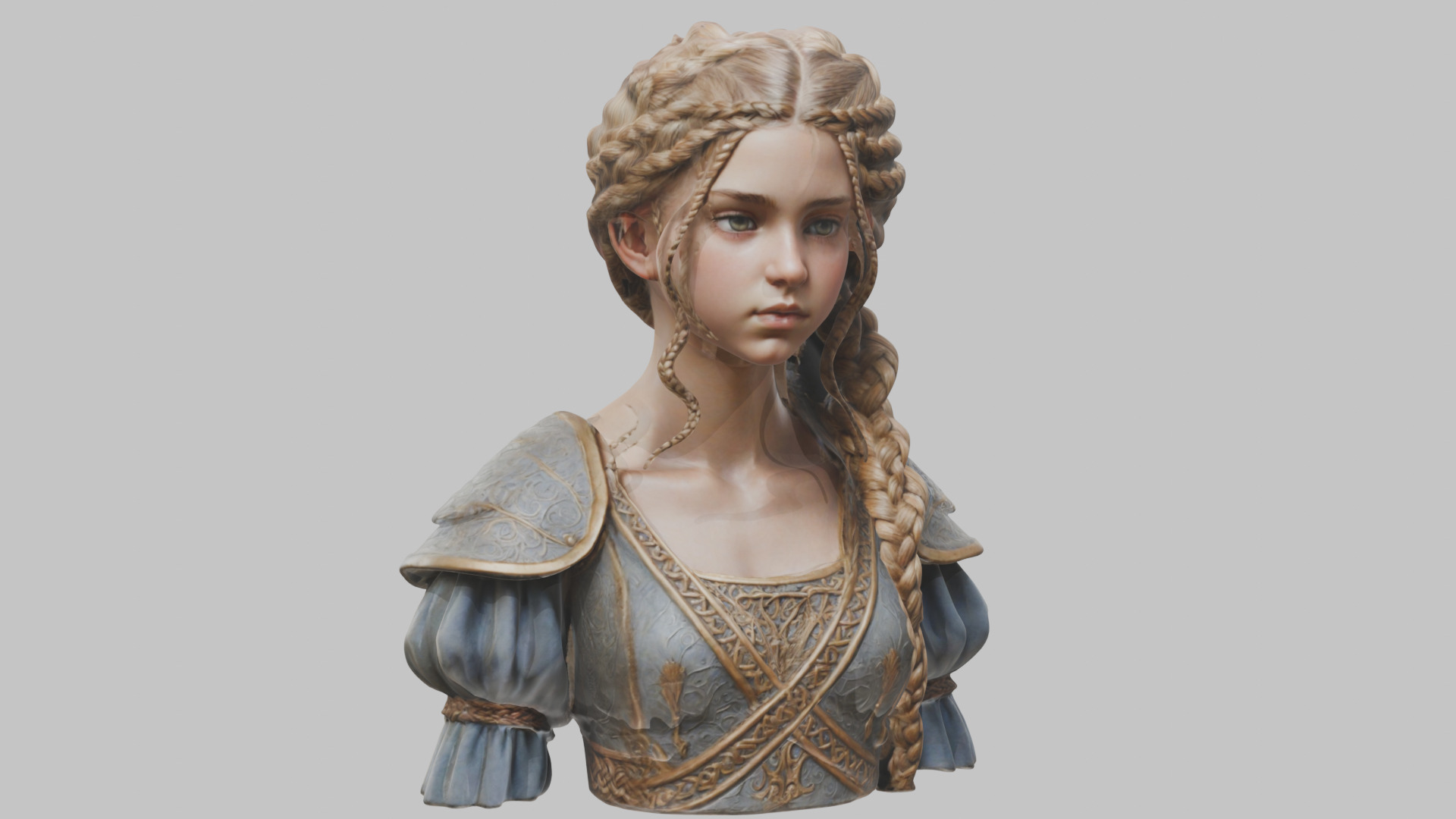 Intricate Medieval Dressed Detailed Blonde Girl Bust Low-poly 3D model_16