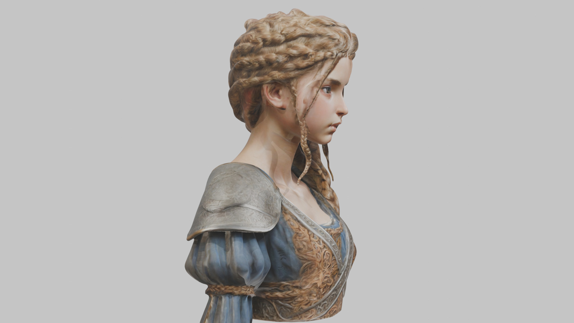 Intricate Medieval Dressed Detailed Blonde Girl Bust Low-poly 3D model_3