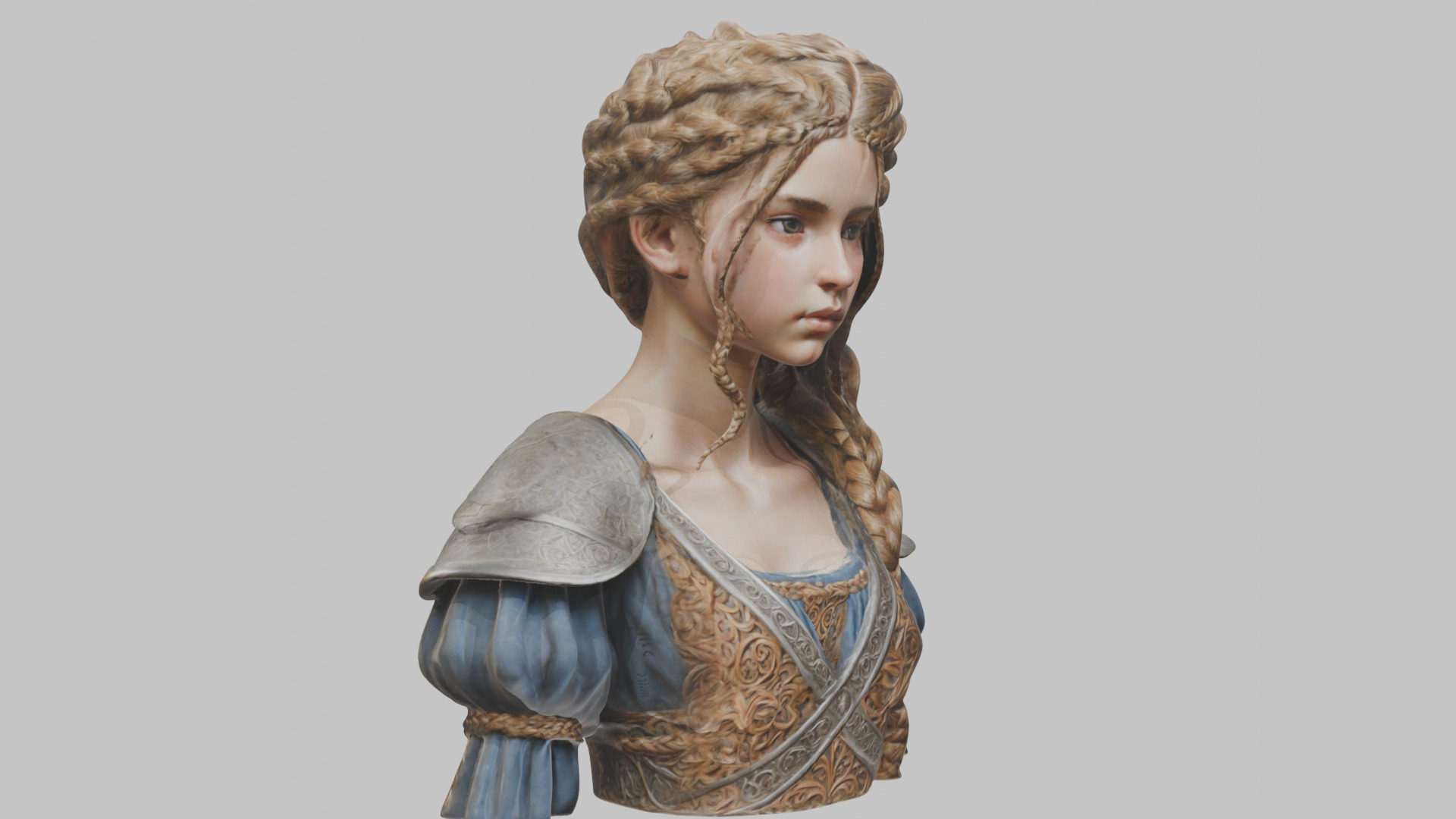 Intricate Medieval Dressed Detailed Blonde Girl Bust Low-poly 3D model_2