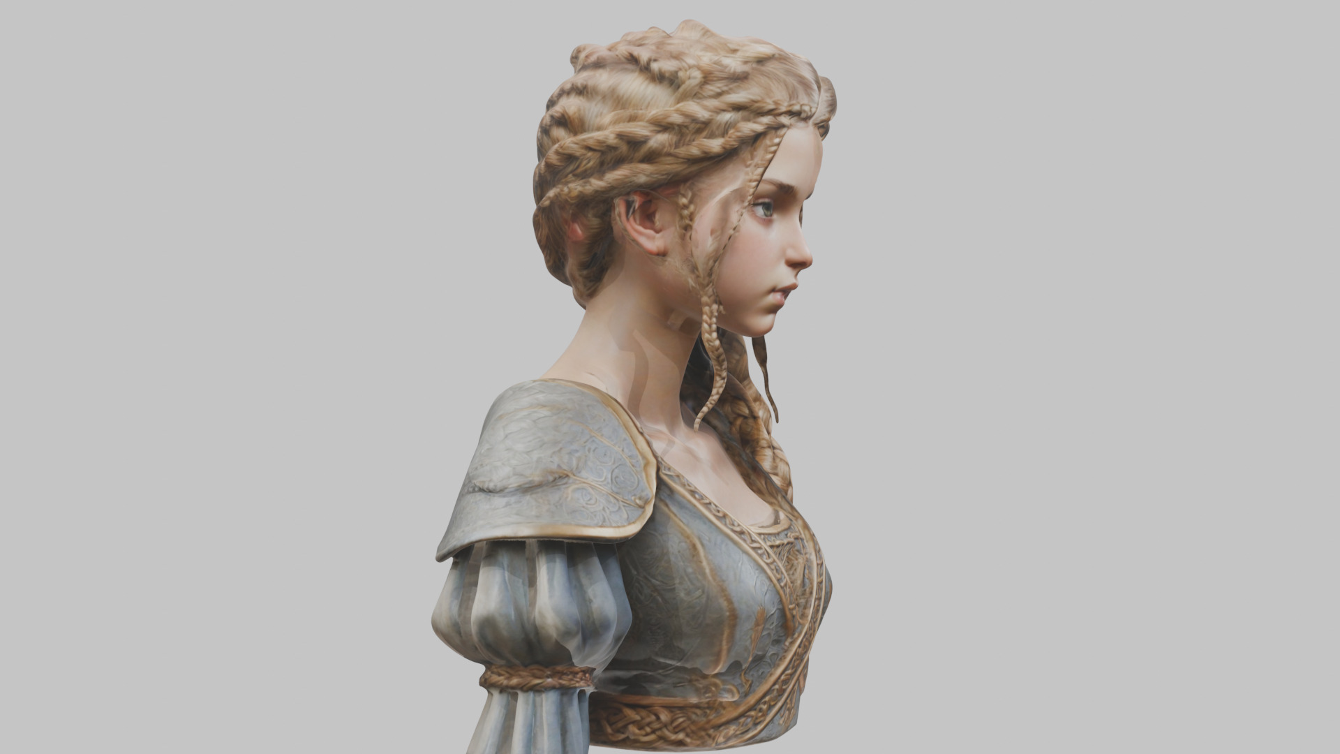 Intricate Medieval Dressed Detailed Blonde Girl Bust Low-poly 3D model_17