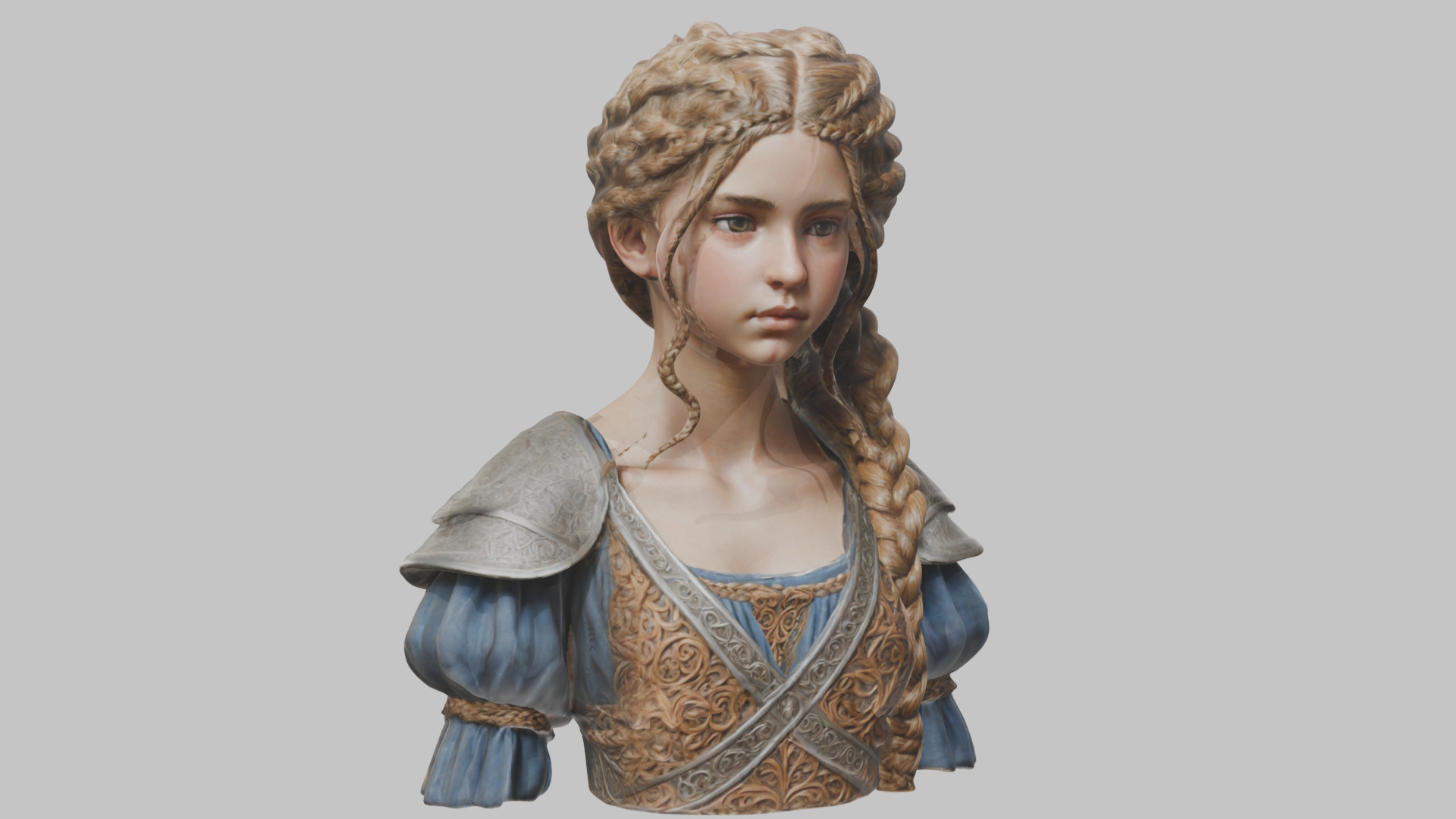 Intricate Medieval Dressed Detailed Blonde Girl Bust Low-poly 3D model_1