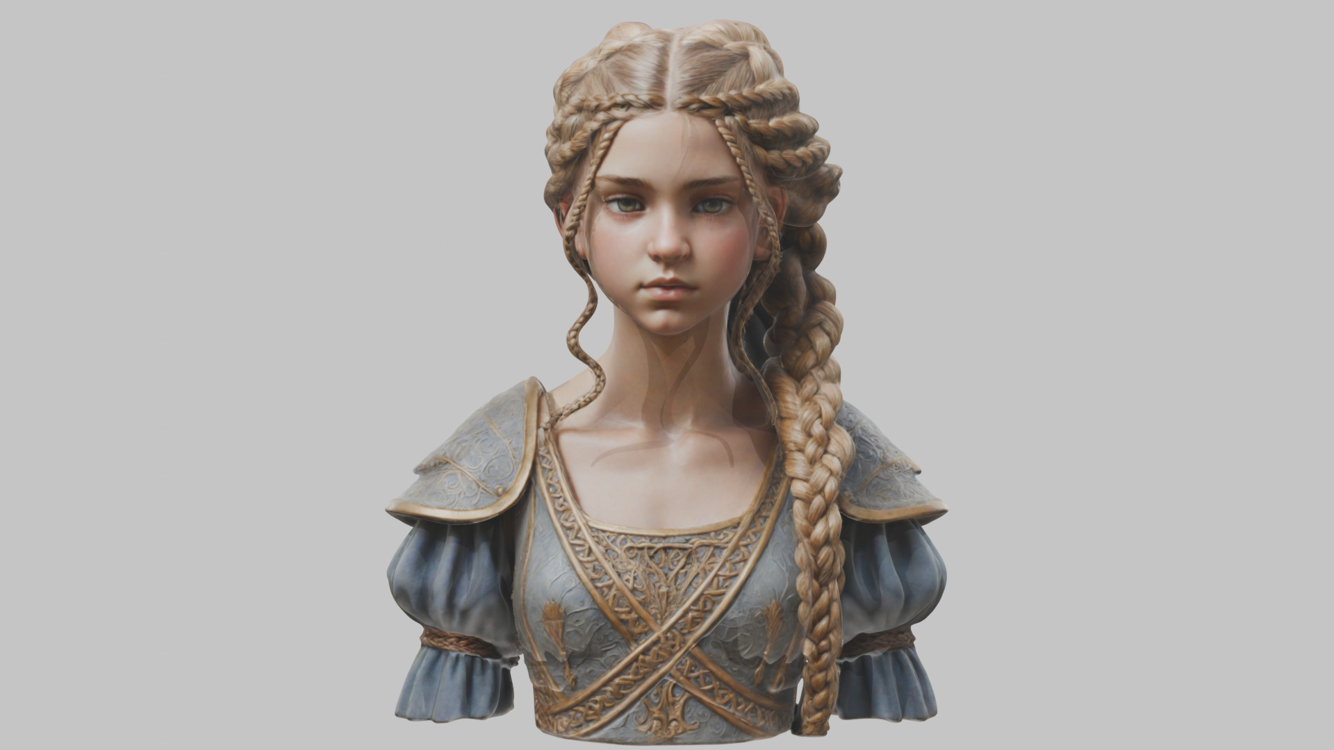 Intricate Medieval Dressed Detailed Blonde Girl Bust Low-poly 3D model_71