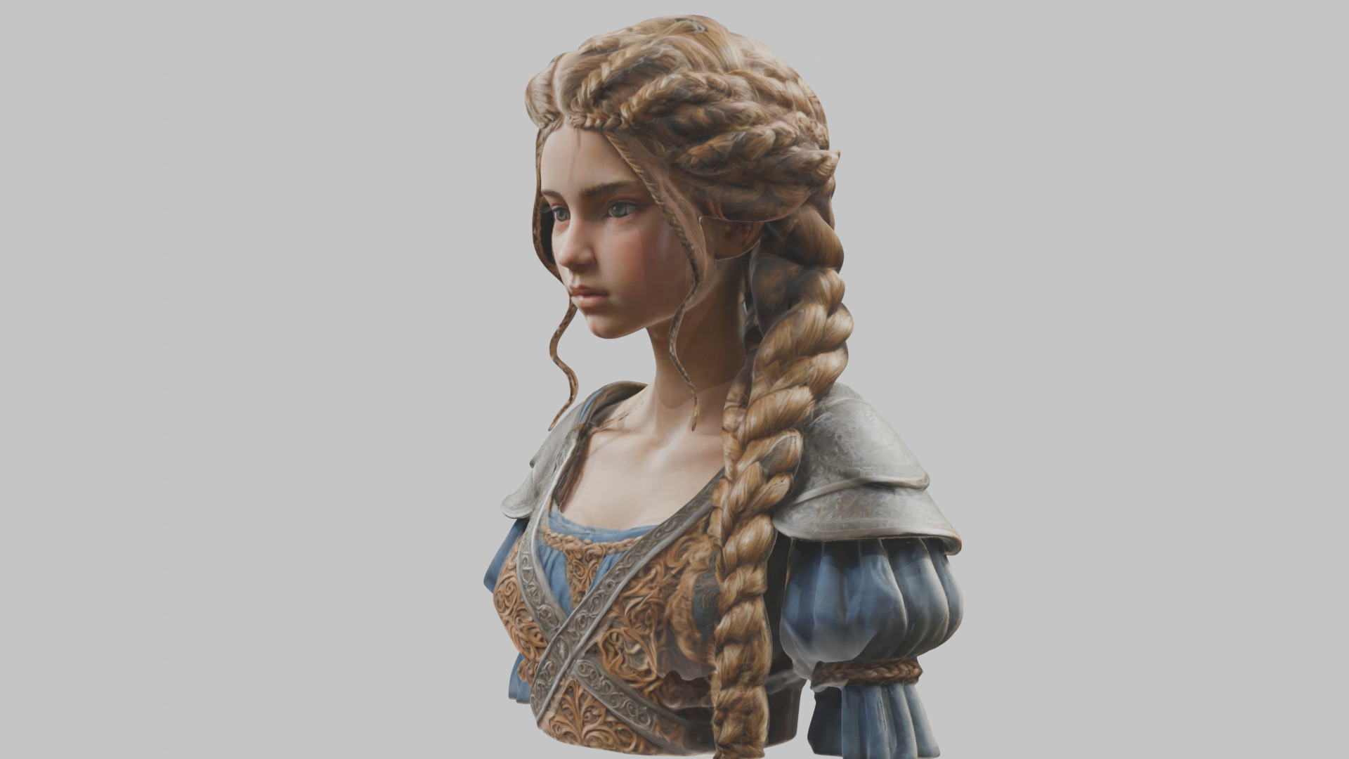 Intricate Medieval Dressed Detailed Blonde Girl Bust Low-poly 3D model_14