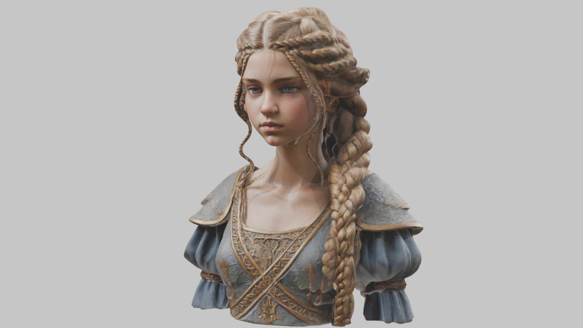 Intricate Medieval Dressed Detailed Blonde Girl Bust Low-poly 3D model_27