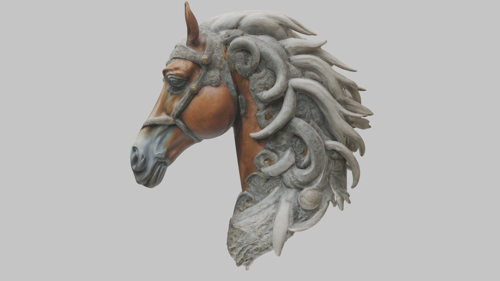 High-Detailed Fantasy Horse Head Bust 2 textures versions Low-poly 3D model_40