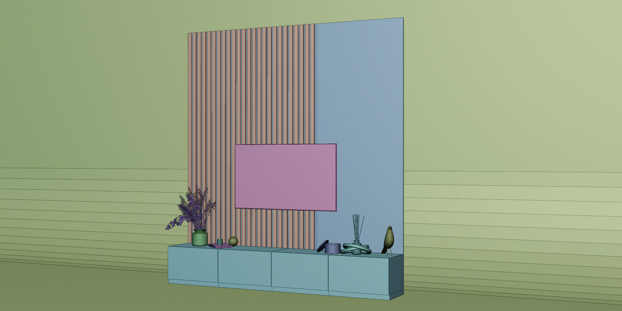 Tv Wall With Decoration 3D model_4
