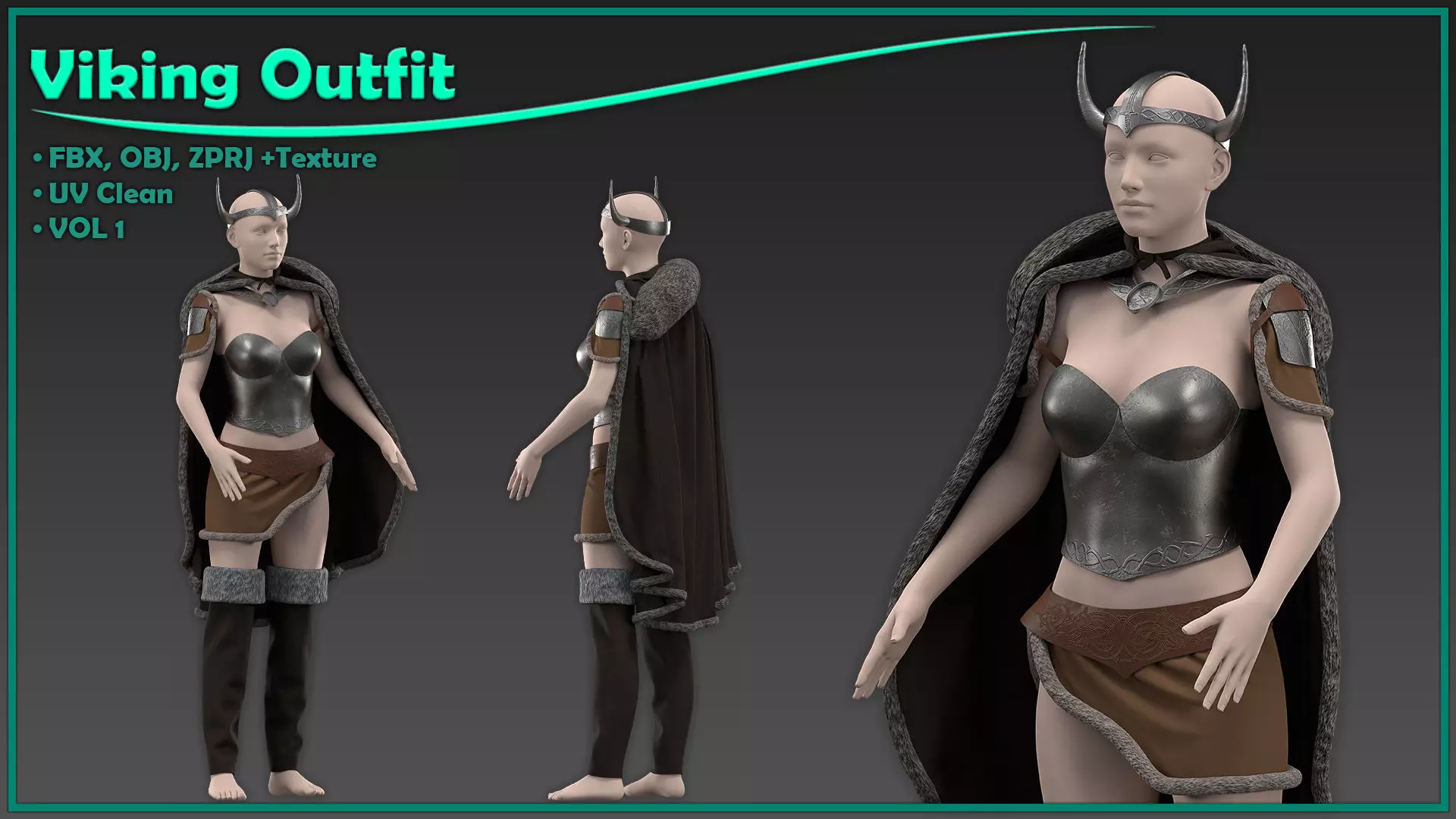 female Viking outfit with texture 3D model_0