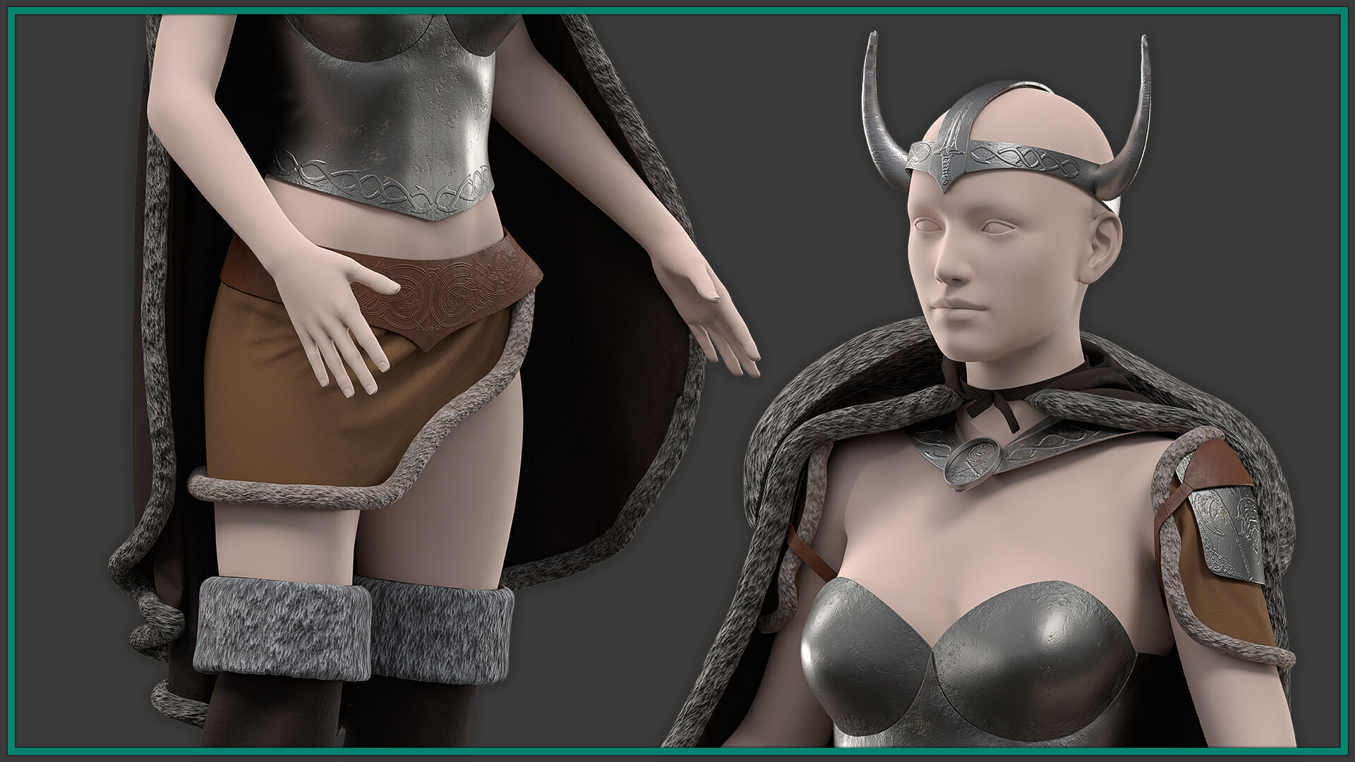female Viking outfit with texture 3D model_3