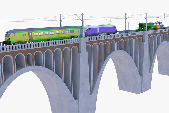 Viaduct with passenger and cargo train II 3D model