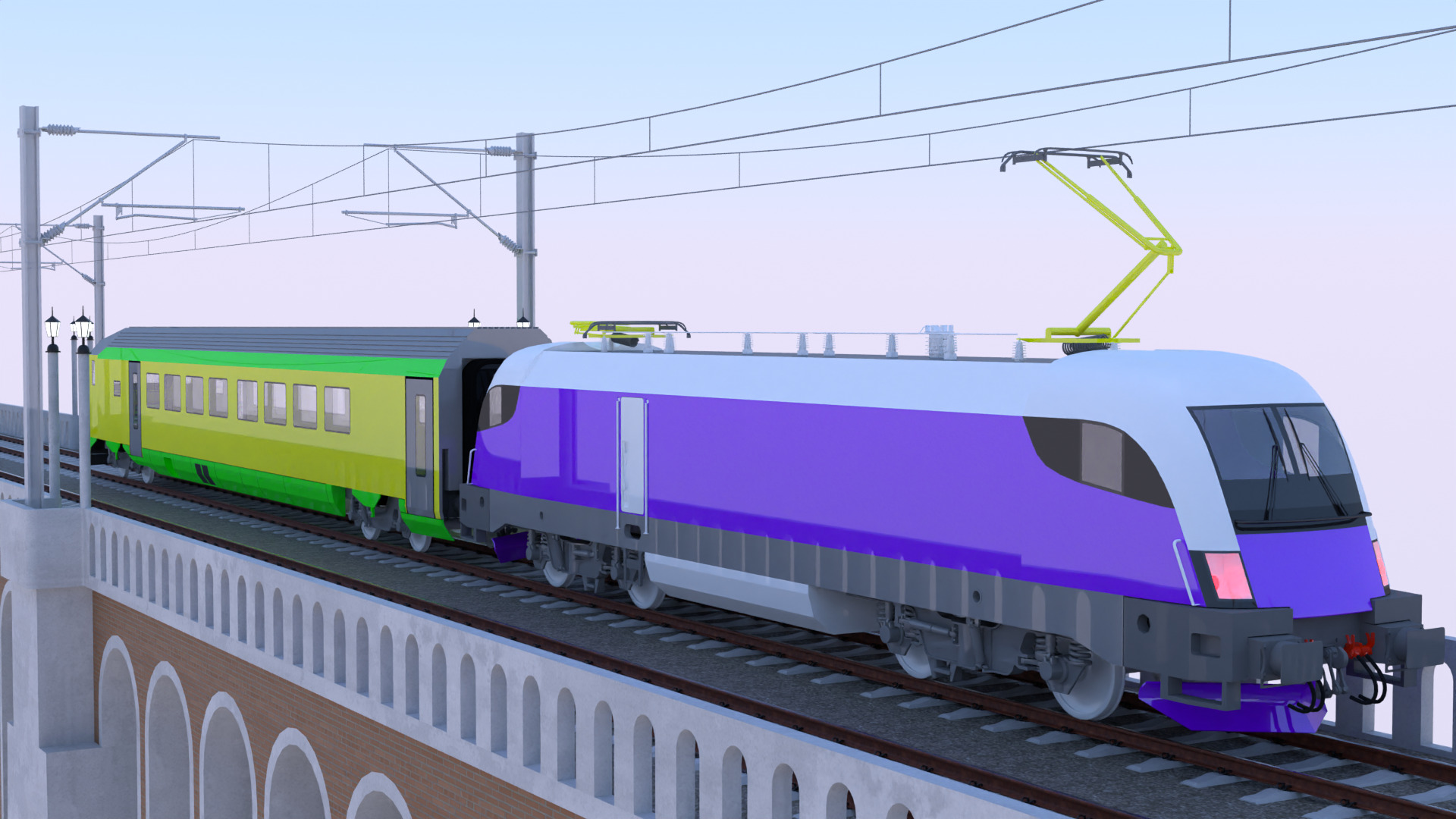 Viaduct with passenger and cargo train II 3D model_8