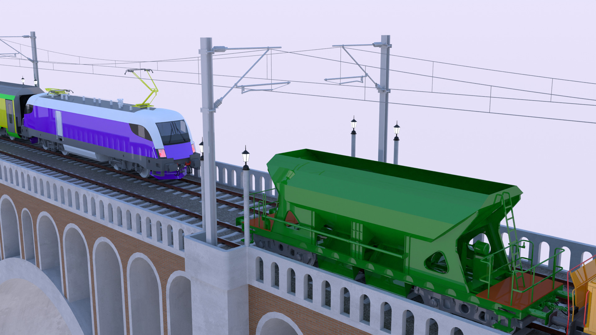 Viaduct with passenger and cargo train II 3D model_9