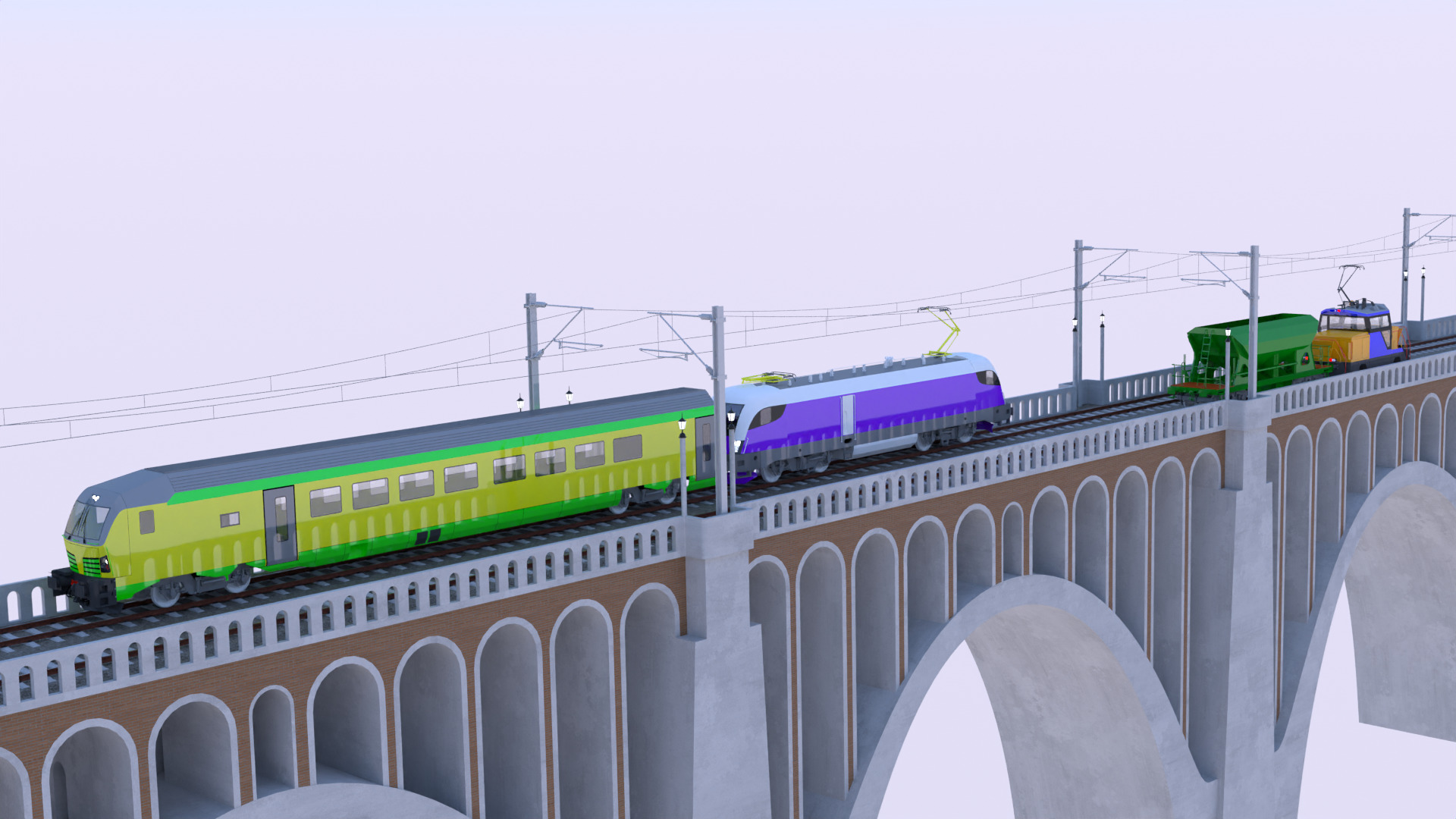 Viaduct with passenger and cargo train II 3D model_1