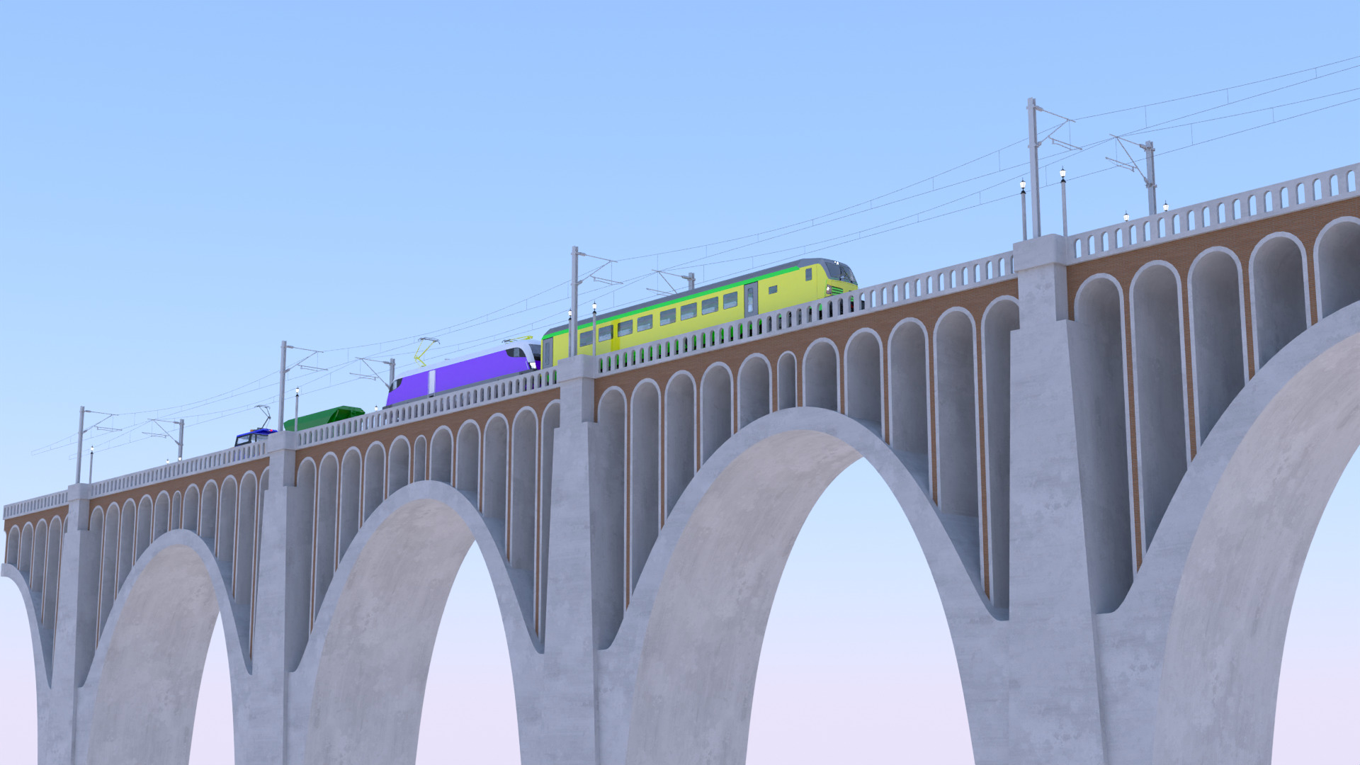 Viaduct with passenger and cargo train II 3D model_10