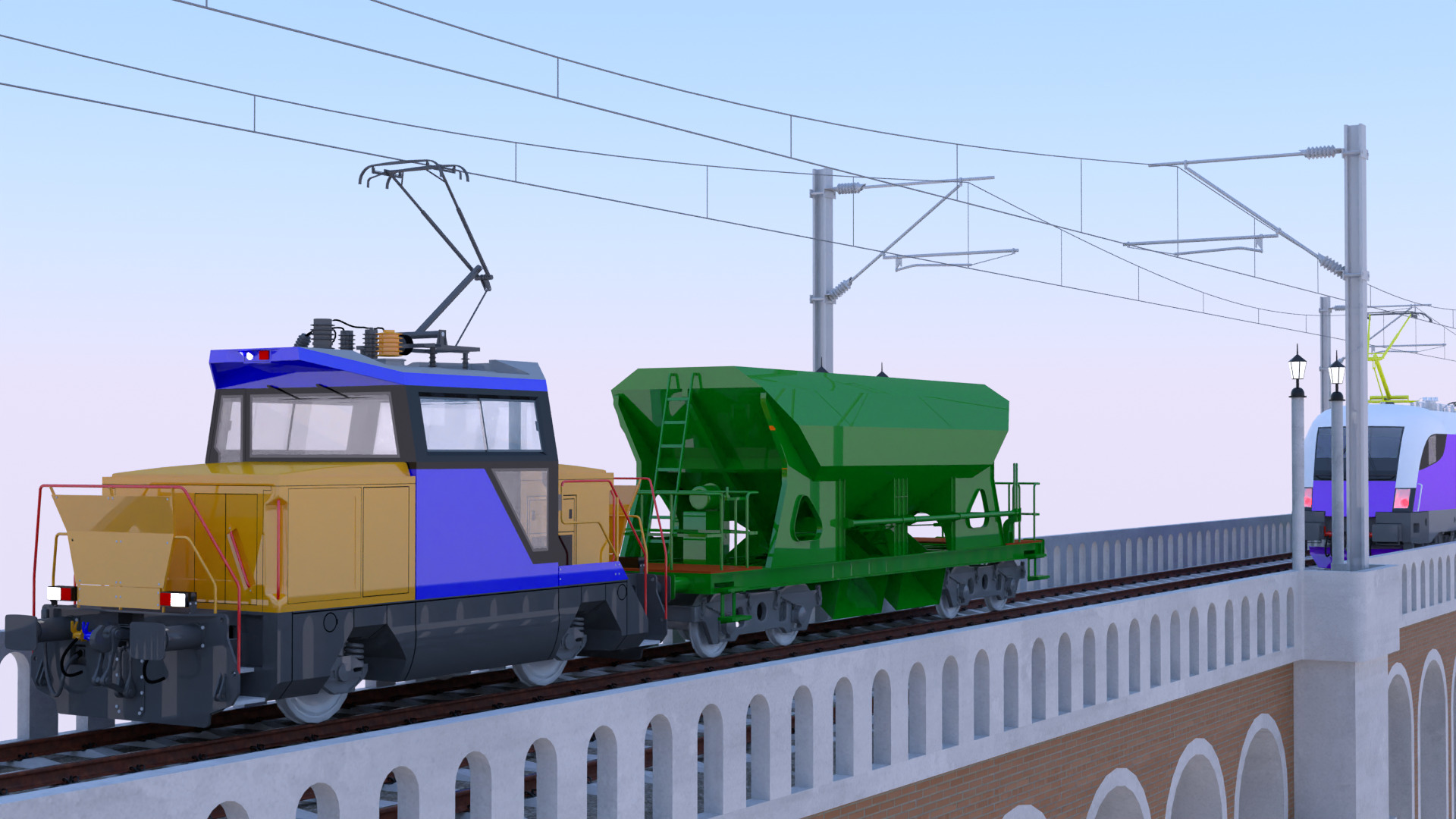 Viaduct with passenger and cargo train II 3D model_6