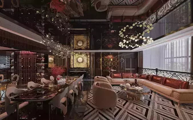 Living Room and Kitchen Interior Model Free 3D model