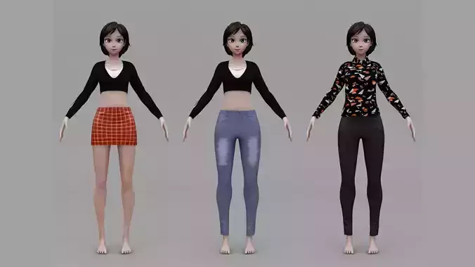 Lowpoly Girl with Hairs and Clothes