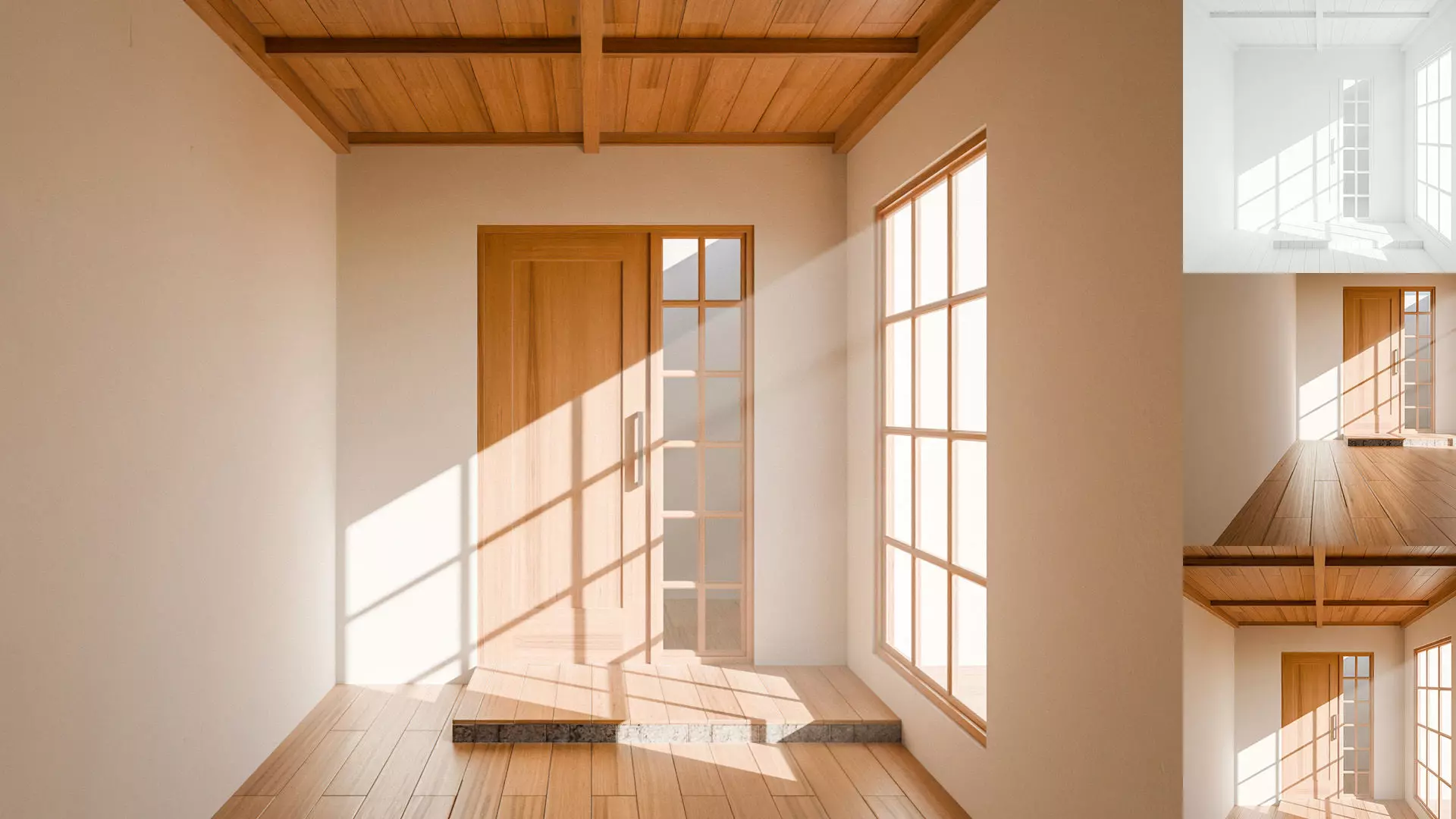 Japanese style room with a wooden door and windows Low-poly 3D model