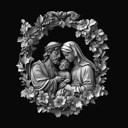 Jesus Mary and Joseph in Floral Frame