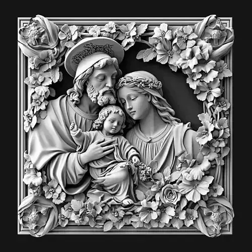 Holy Family in Floral Frame  Artistic Christian Bas-Relief Panel
