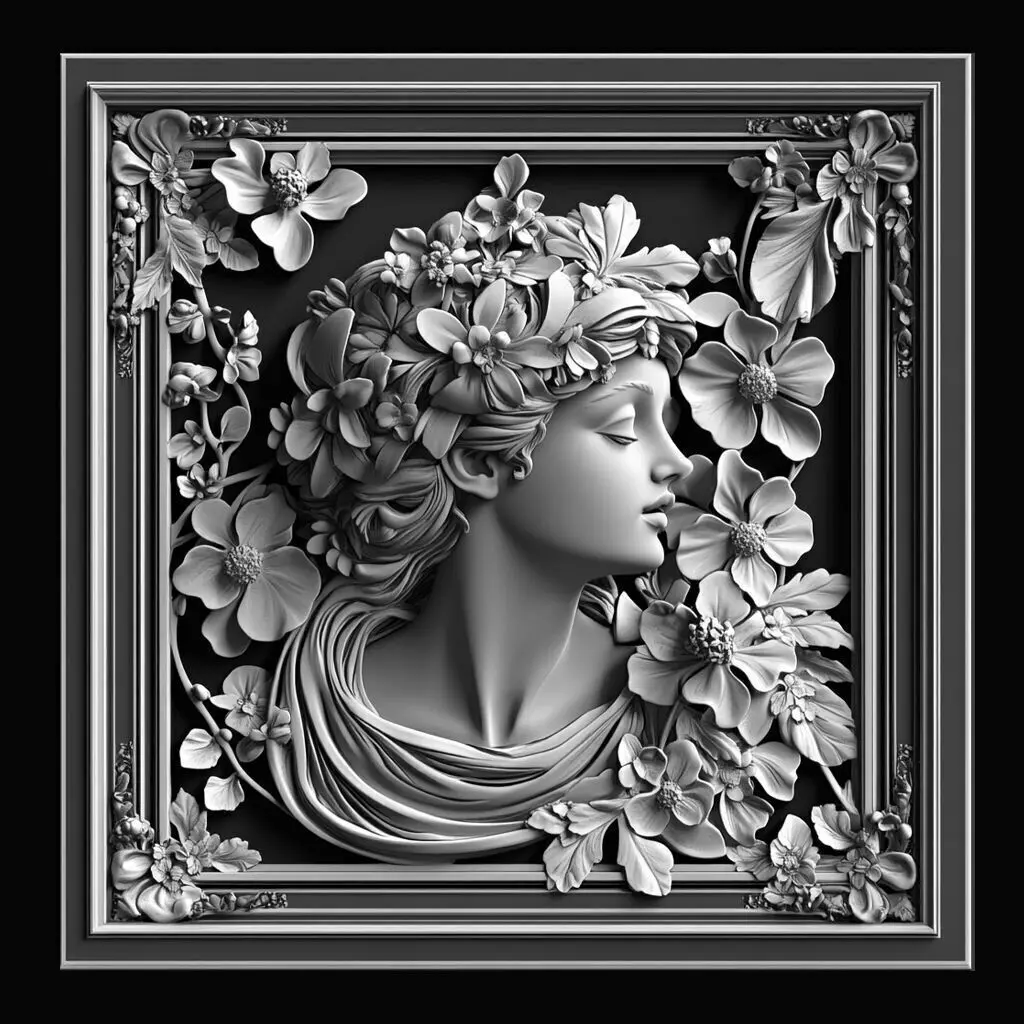 Floral Serenity Graceful Woman Bas Relief Sculpture 3D print model