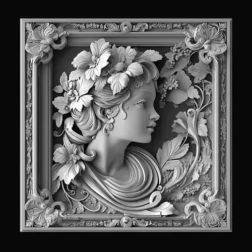 Floral Muse  Elegant Woman Bas-Relief in Ornamental Frame