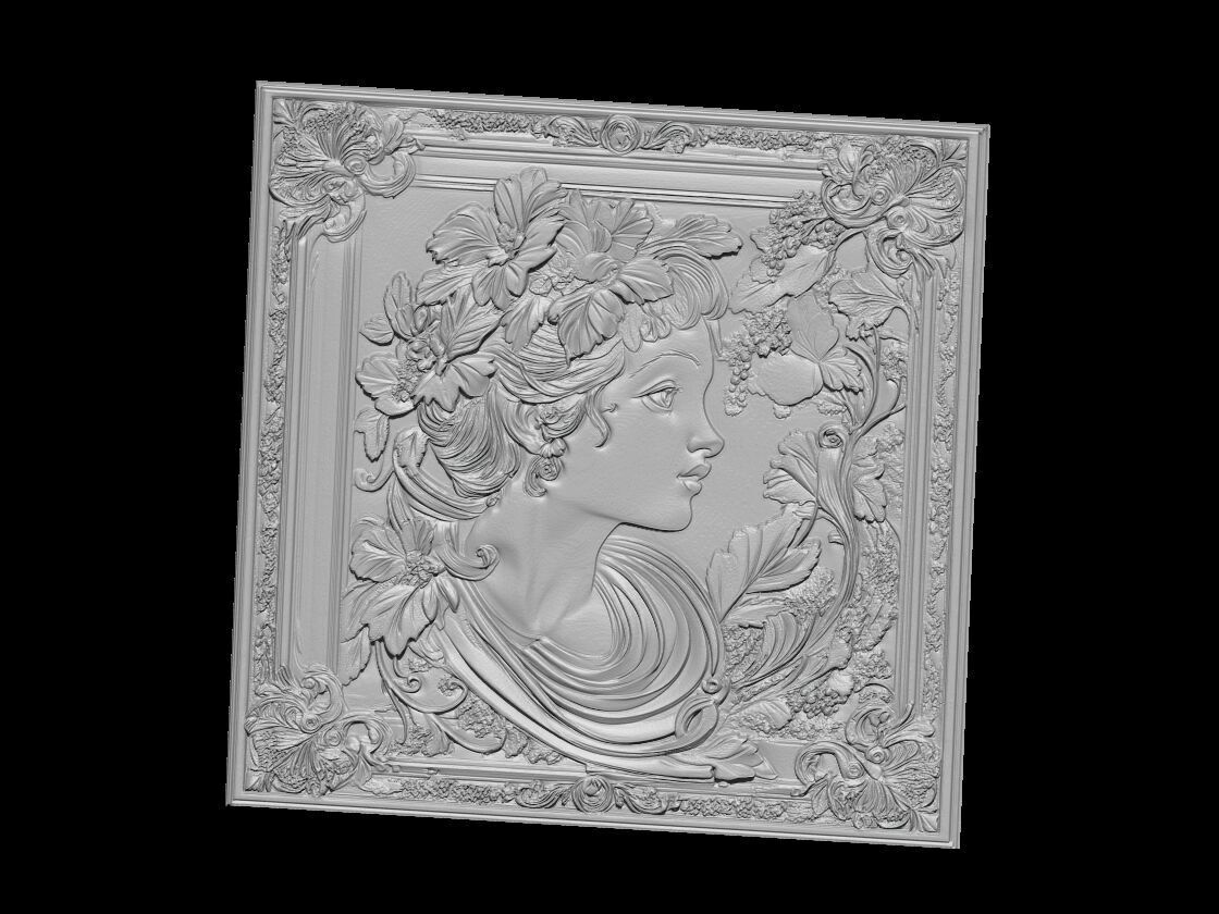 Floral Muse  Elegant Woman Bas-Relief in Ornamental Frame 3D print model_3