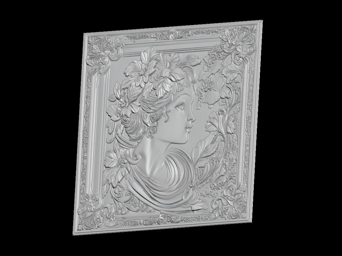 Floral Muse  Elegant Woman Bas-Relief in Ornamental Frame 3D print model_2