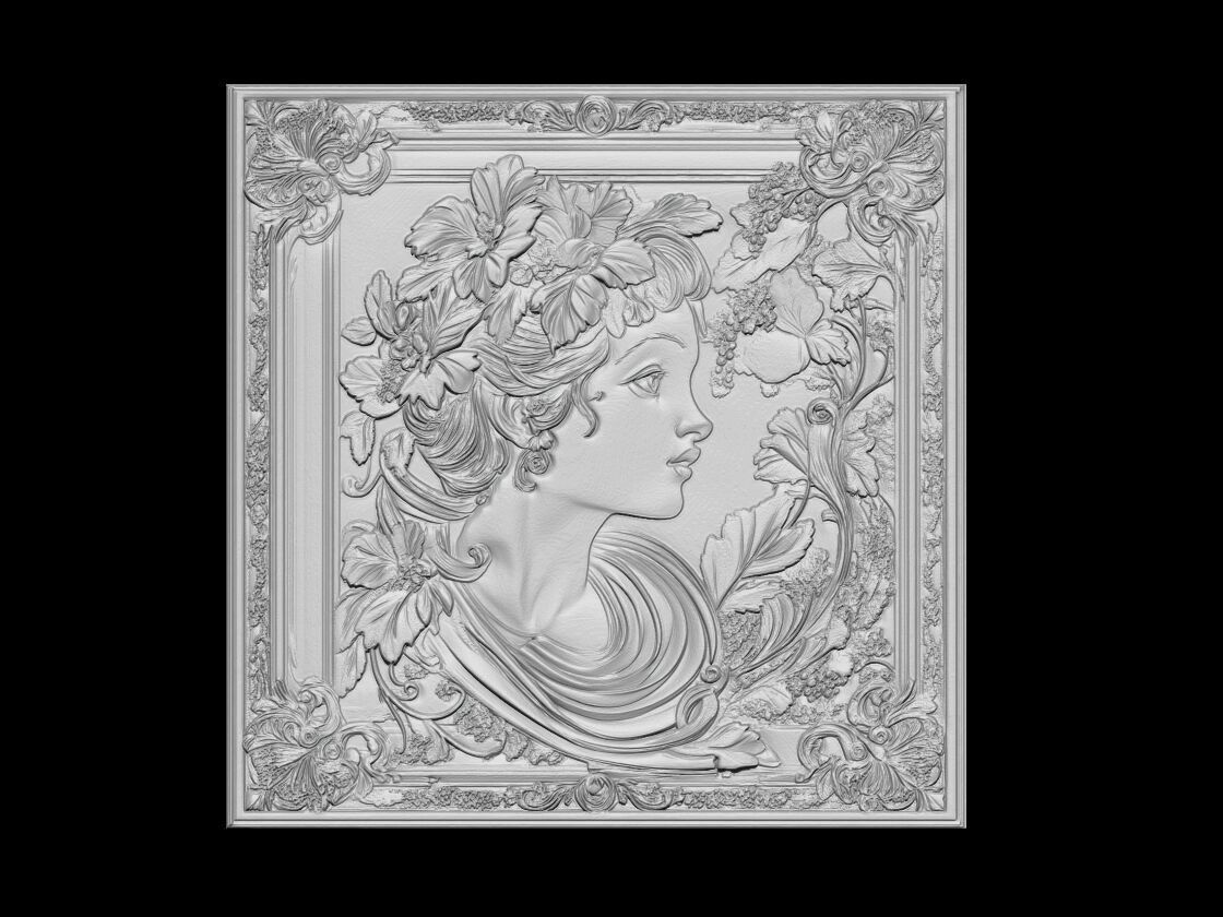 Floral Muse  Elegant Woman Bas-Relief in Ornamental Frame 3D print model_1