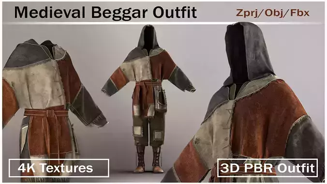 MEDIEVAL BEGGAR OUTFIT PBR 4K TEXTURES 3D model