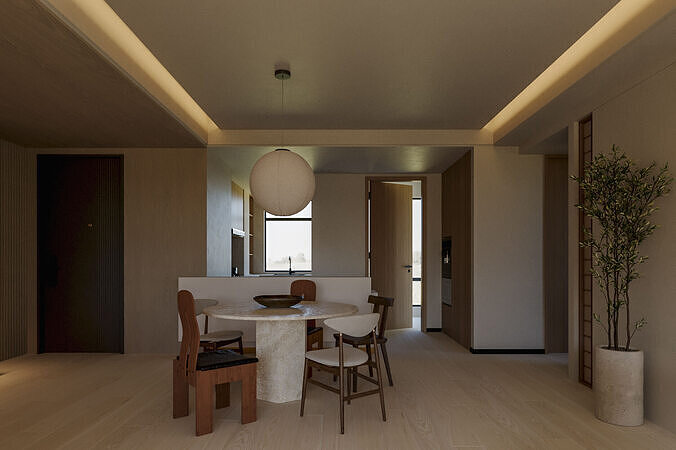 Wabi-sabi living and dining room 3D model 3