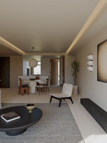 Wabi-sabi living and dining room 3D model 6