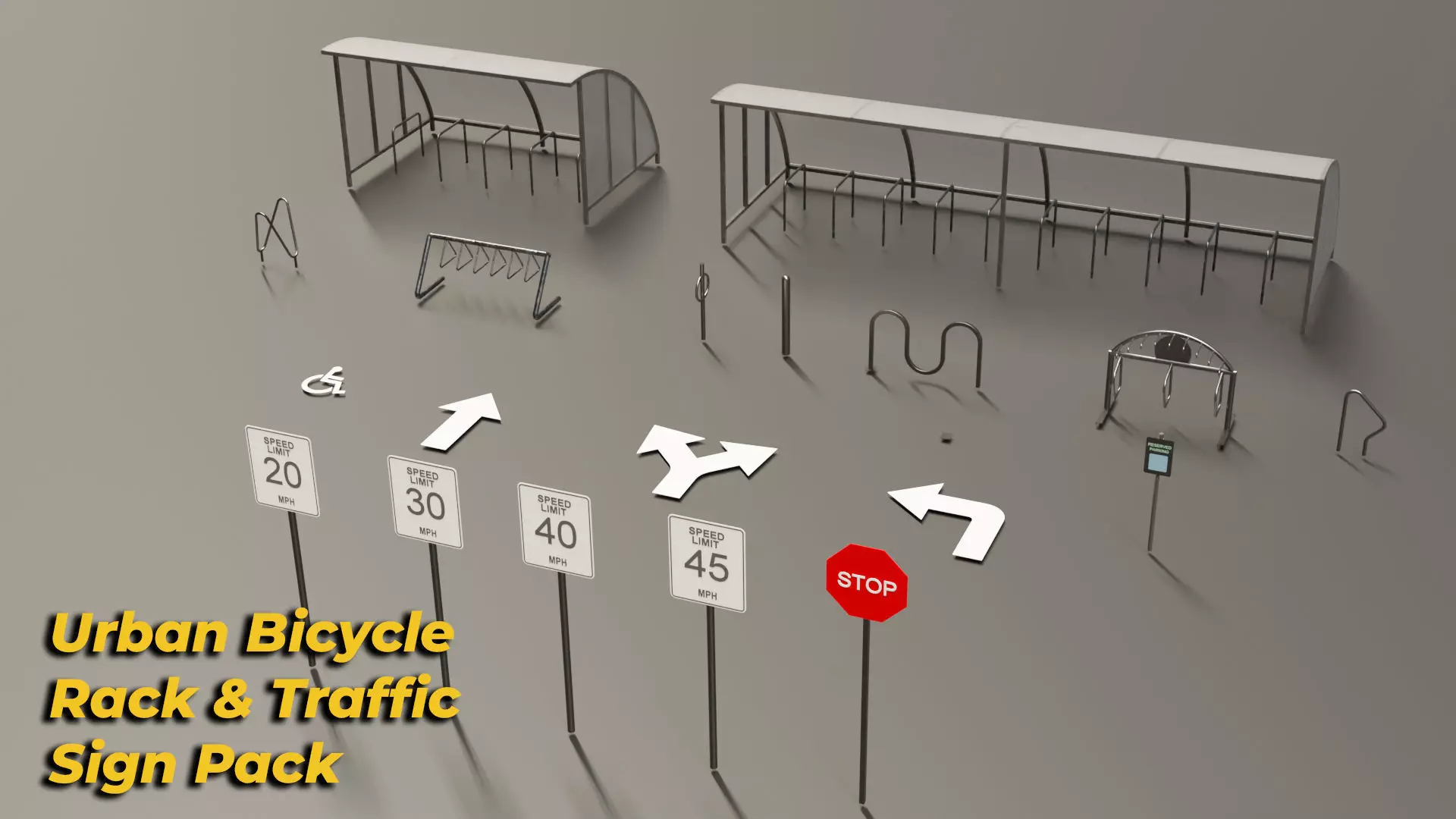 Bicycle Rack and Traffic Sign Pack Low-poly 3D model_0